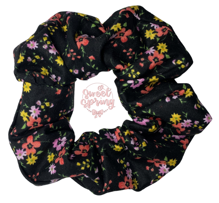 Tiny Flowers on Black Scrunchie